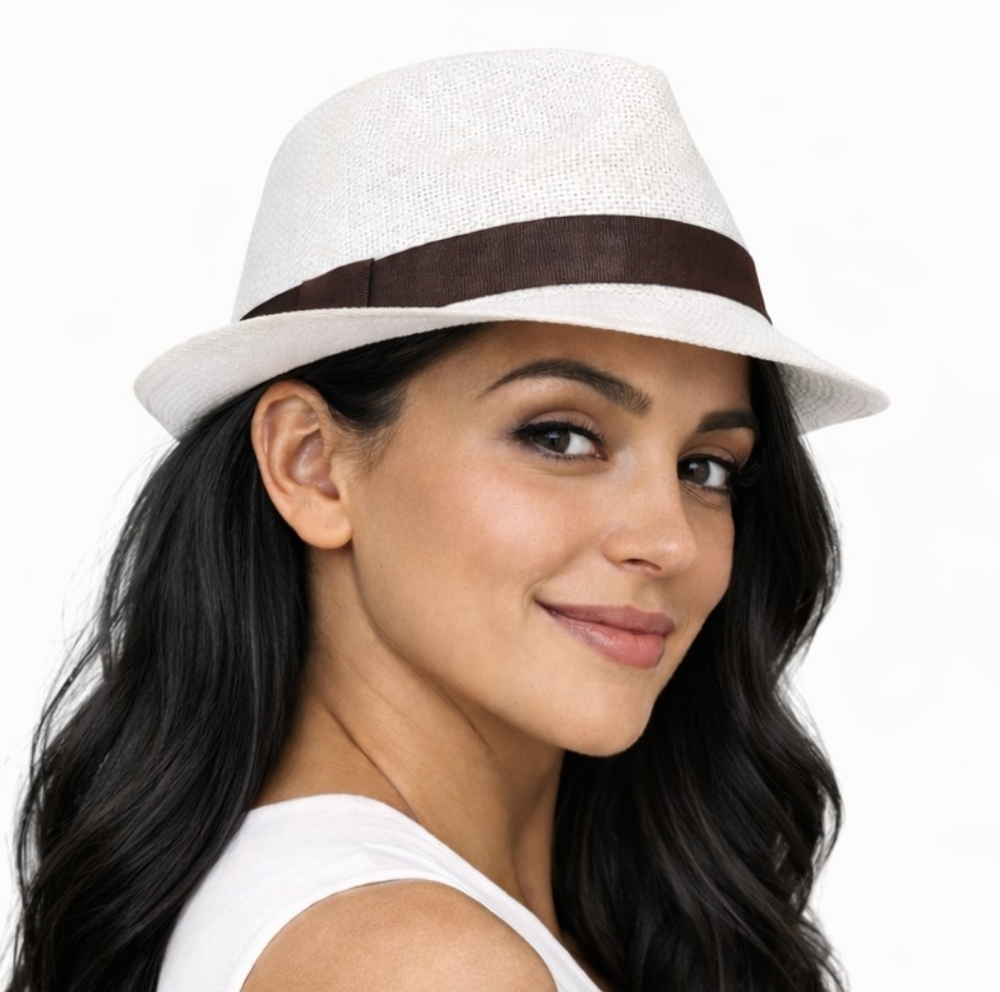 NWT Groovy Glam White Straw Fedora Trilby Hat Size M Women’s